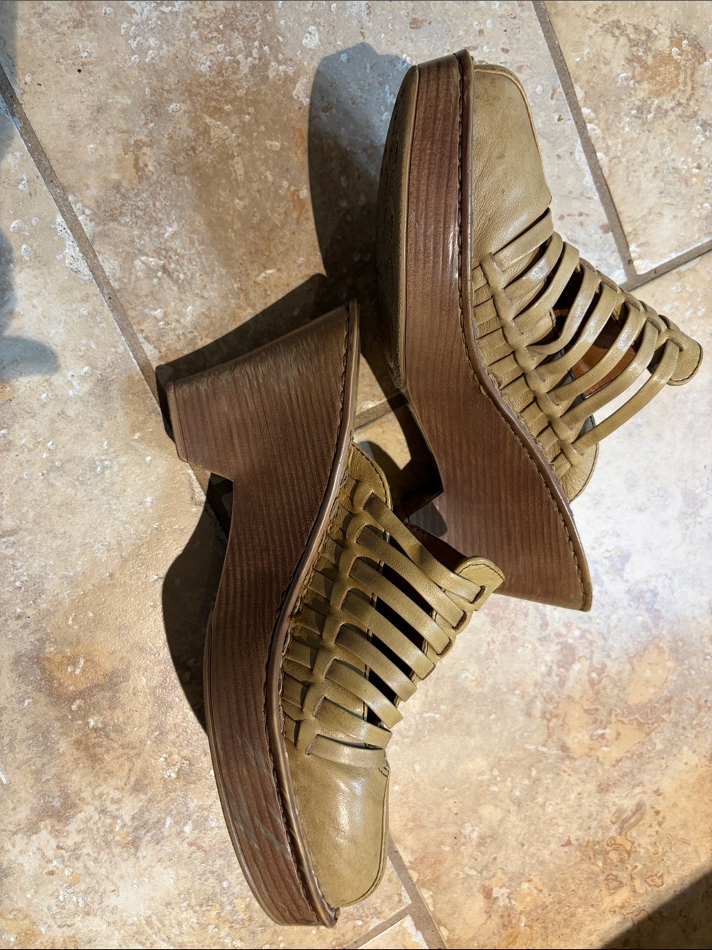 Born Olive-Tan Braided Leather Wedge Mules - Picture 3 of 7